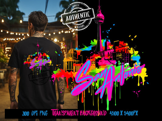 San Antonio Texas Cityscape skyline png, neon Graffiti png for Colorful png design. Sublimation designs for urban design and streetwear png