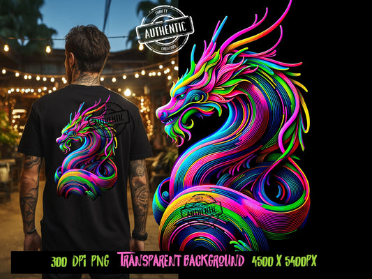 Vibrant Neon Colored Dragon png design for sublimation, dtf and t shirt graphics - Original Design by Thrifty Creators 2.1.2024