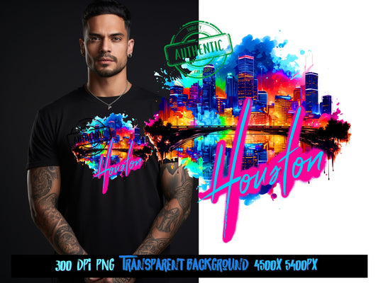 Houston Cityscape in neon Graffiti png for Colorful dtf designs. Original Sublimation design by Thrifty Creators 3.3.2024