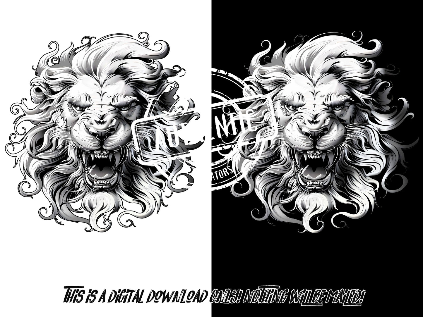 Black and White Lion png design for t-shirt designs, Dtf designs and sublimation - Thrifty Creators Original Design 3.10.2024