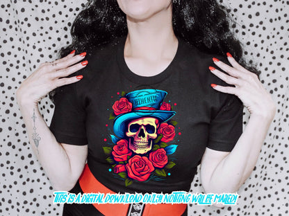 Skull with Roses t shirt design, Sublimation, dtf images and shirt graphics, Rockabilly designs, Original Design by Thrifty Creators 2023